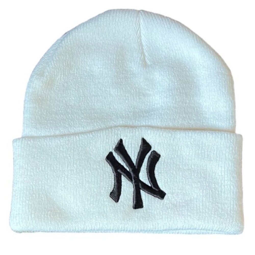 NY White Tossle Cap with Black Lettering, 8" x 8"